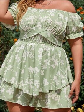 Green Floral Off-Shoulder Tiered Romper